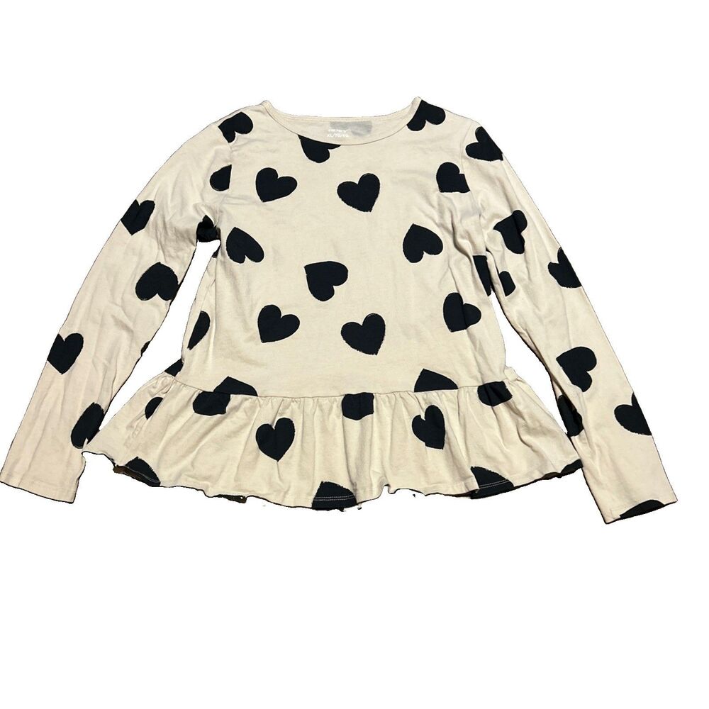 Carter's Girls Cream & Black Heart Print Peplum Long Sleeve Top – Size XL